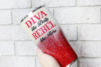 Diva and Rebel custom glitter cup, Red and white glitter cup, personalized tumblers, travel cups, insulated travel cup, Funny Glitter Cups