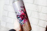 Pink and Gold Glitter Cup with floral design, bridesmaid gift, bridal gift, pink and gold glitter cup with straw, 20 ounce tall skinny cup