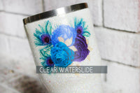Peacock Feather Waterslide Decal, Ready to Use Waterslide, Clear waterslide decal image for glitter cup, glitter cup supply, purple and blue
