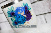 Peacock Feather Waterslide Decal, Ready to Use Waterslide, Clear waterslide decal image for glitter cup, glitter cup supply, purple and blue