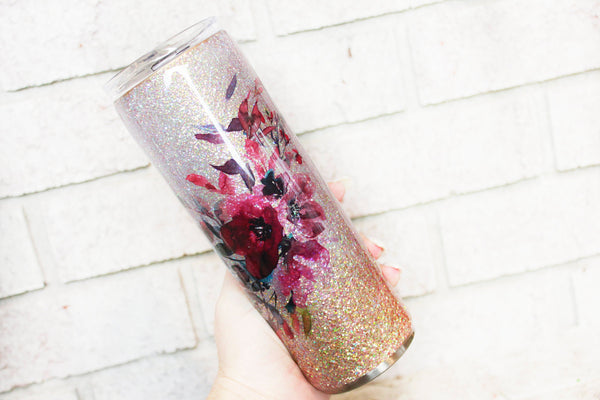 Pink and Gold Glitter Cup with floral design, bridesmaid gift, bridal gift, pink and gold glitter cup with straw, 20 ounce tall skinny cup