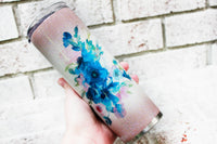Dusty Rose Glitter Cup, Glitter Travel Cup, Blue Flower Glitter Cups, Double Water Tumblers with Straw, 20 Ounce Ombre Glitter Cup with Lid