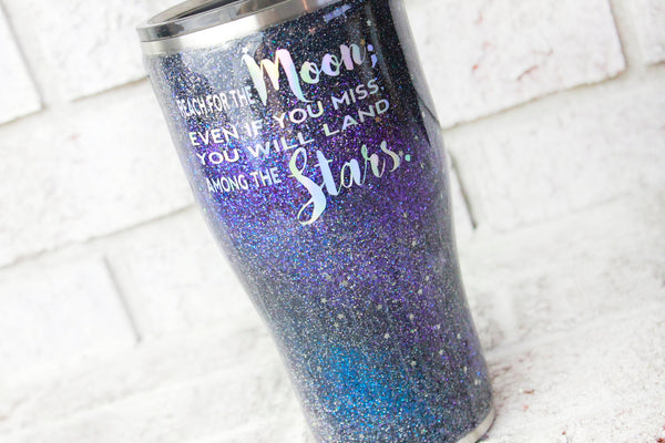 Celestial glitter galaxy tumbler, star coffee cup, travel mug, teacher gift, inspirational double wall tumbler, reach for the stars, glitter