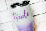 Purple Glitter Bride cup, wedding gift tumbler, wedding planning cup, light purple travel mug with glitter, custom bride cup, bridal party