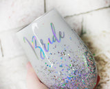 White and Silver Glitter Bride Wine Cup, Insulated wine tumbler with glitter, Personalized Name cup, Bridal Party glitter wine glass
