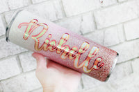 Rose Gold to Pink Ombre Glitter cup, Custom Name cup ideas, 30 ounce skinny custom glitter tumblers, glitter cups with straw, Pink Ombre cup