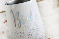 White and Silver Glitter Bride Wine Cup, Insulated wine tumbler with glitter, Personalized Name cup, Bridal Party glitter wine glass