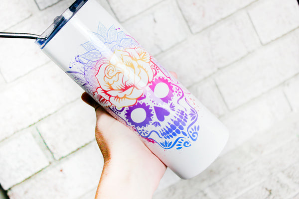 Halloween Tumbler/October Aesthetic/Floral Skull/Funny Tumbler/Blue Skull  Tumbler/Cute Tumbler/Insulated Tumbler with Straw