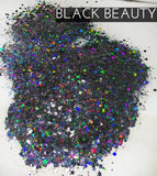 Black Beauty Holo custom mix chunky hex poly glitter, tumbler making glitter, custom polyester glitter, black Mix chunky glitter for tumbler