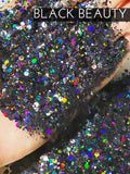 Black Beauty Holo custom mix chunky hex poly glitter, tumbler making glitter, custom polyester glitter, black Mix chunky glitter for tumbler