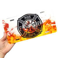 Firefighter License Plate, Volunteer fireman, front vanity plate, custom license plate, first responder plate, firefighter with flames plate