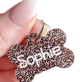 Pink Leopard print dog ID tag, Leopard print animal tags, Bone ID tags for new pup, Puppy tags, ID collar tag, full color pet tags for dog