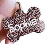 Pink Leopard print dog ID tag, Leopard print animal tags, Bone ID tags for new pup, Puppy tags, ID collar tag, full color pet tags for dog