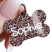 Pink Leopard print dog ID tag, Leopard print animal tags, Bone ID tags for new pup, Puppy tags, ID collar tag, full color pet tags for dog