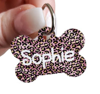 Pink Leopard print dog ID tag, Leopard print animal tags, Bone ID tags for new pup, Puppy tags, ID collar tag, full color pet tags for dog