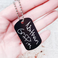 Custom handwriting keepsake,  Handwriting Necklace with chain, Custom writing jewelry, engraved dog tag, fathers day gift, memorial keepsake