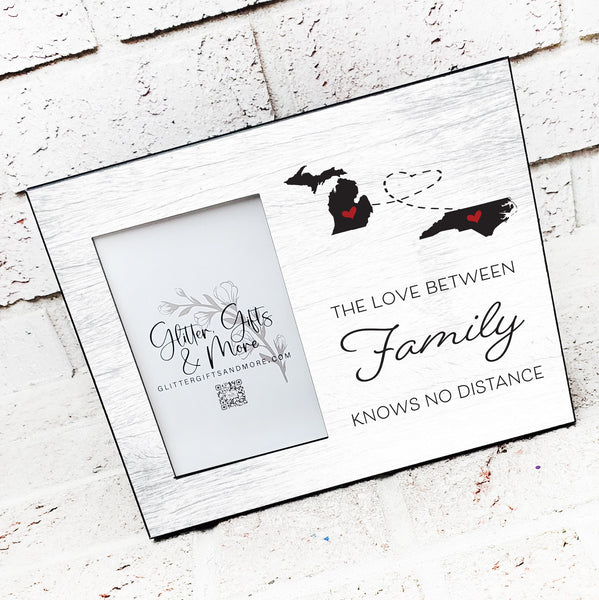 Love between family, state silhouette frames, across state frame, moving, out of town gifts, new house gift, new neighbors, family frame