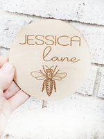 Bee Name sign, Bee nursery decor, photo prop newborn, photo prop with name, engraved name round, small wood sign, newborn baby sign, prop