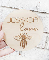 Bee Name sign, Bee nursery decor, photo prop newborn, photo prop with name, engraved name round, small wood sign, newborn baby sign, prop