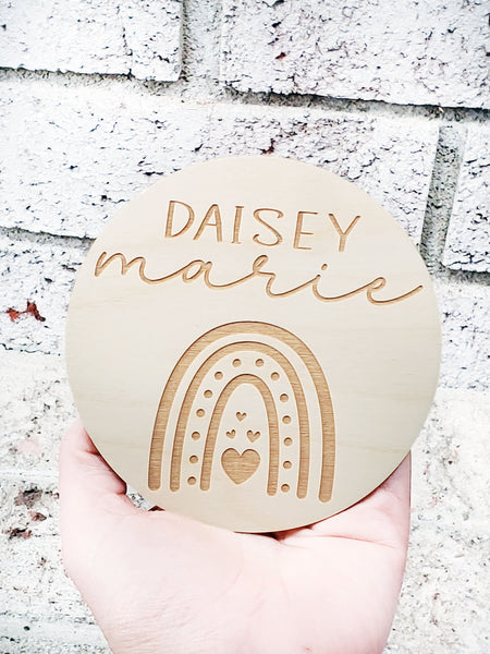 Rainbow baby name sign, wood name circle, photo prop for baby, newborn name prop, hospital photo prop, name sign for newborn rainbow nursery