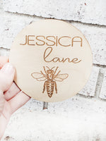 Bee Name sign, Bee nursery decor, photo prop newborn, photo prop with name, engraved name round, small wood sign, newborn baby sign, prop