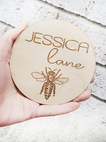 Bee Name sign, Bee nursery decor, photo prop newborn, photo prop with name, engraved name round, small wood sign, newborn baby sign, prop