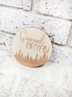 tree line wood name round, newborn baby name sign, woods nursery decor, forest nursery, forest tree name sign, photo prop, baby shower gift