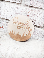 tree line wood name round, newborn baby name sign, woods nursery decor, forest nursery, forest tree name sign, photo prop, baby shower gift