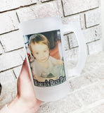 Personalized photo beer mug, custom beer stein with picture, 16 ounce frosted glass beer cup,