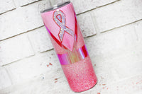 Pink Ribbon Glitter Tumbler, Custom 20 oz skinny pink glitter tumbler with straw, Pink Ombre Glitter Cup, Travel tumbler with straw, epoxy resin glitter cups with straw