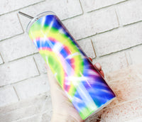 Tie Dye 20 Ounce Skinny Sublimated Tumbler with Sliding Lid and Straw, Retro Tie Dye gifts, Insulated Travel cups